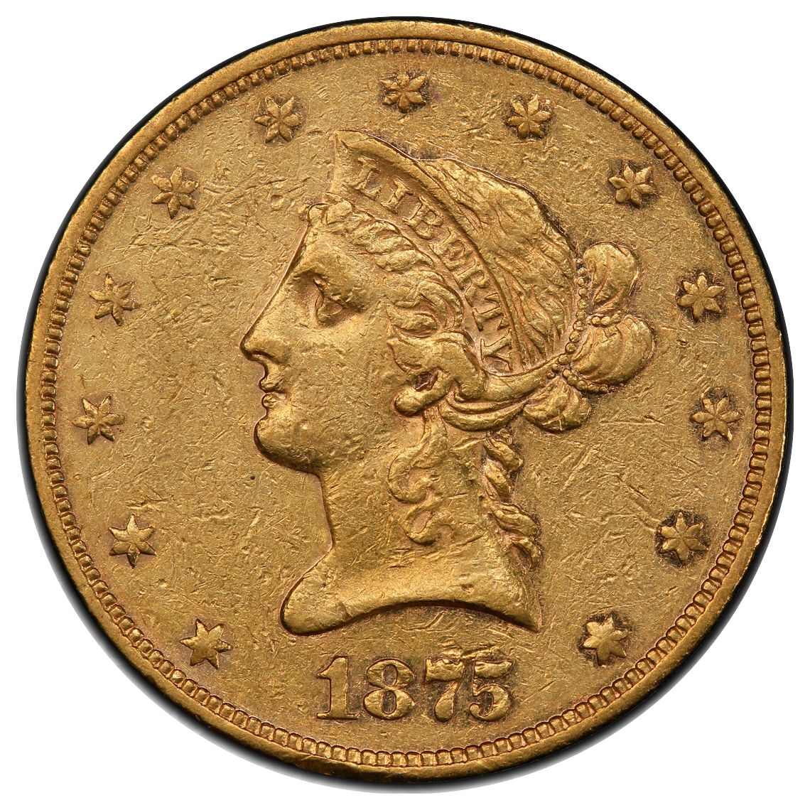 1875 $10 Liberty Eagle With Motto, PCGS AU53 – US Coins